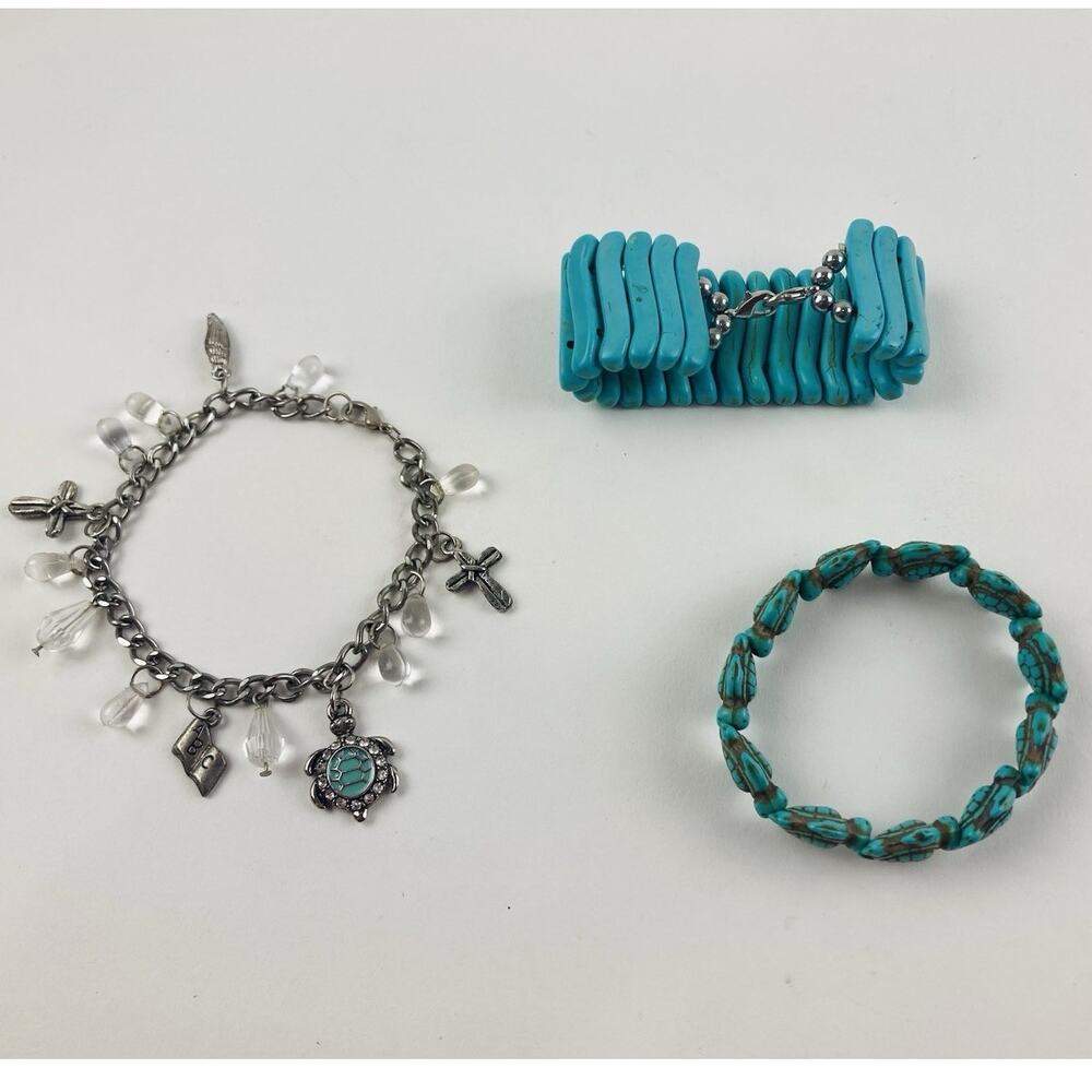 3 Turquoise Hawaii Sea Turtle Bracelets Kemps Ridley Charm Silver Stretch Cross